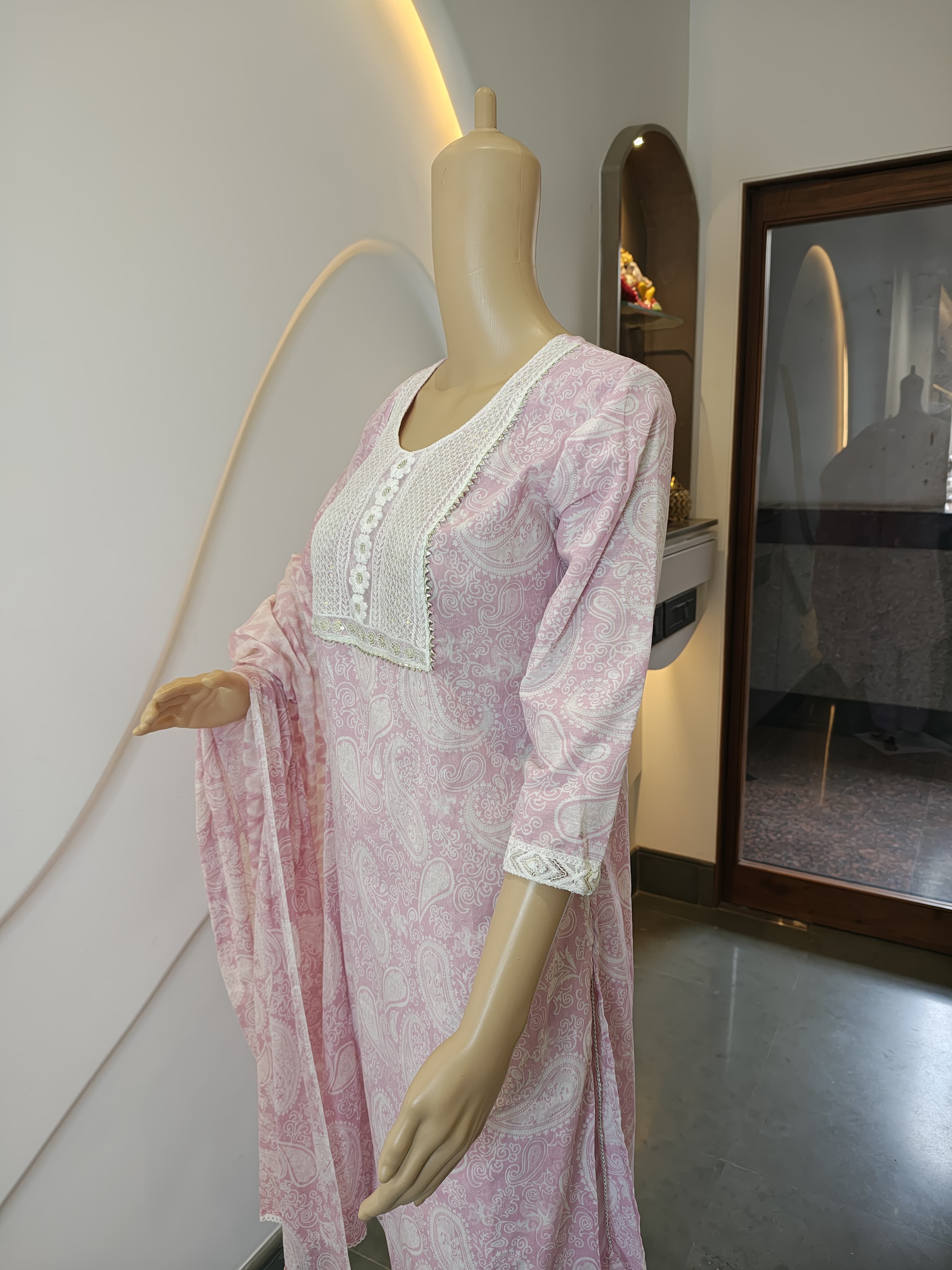 Soft Rose Printed Cotton Suit Set with Lace Detailing (3-Piece)