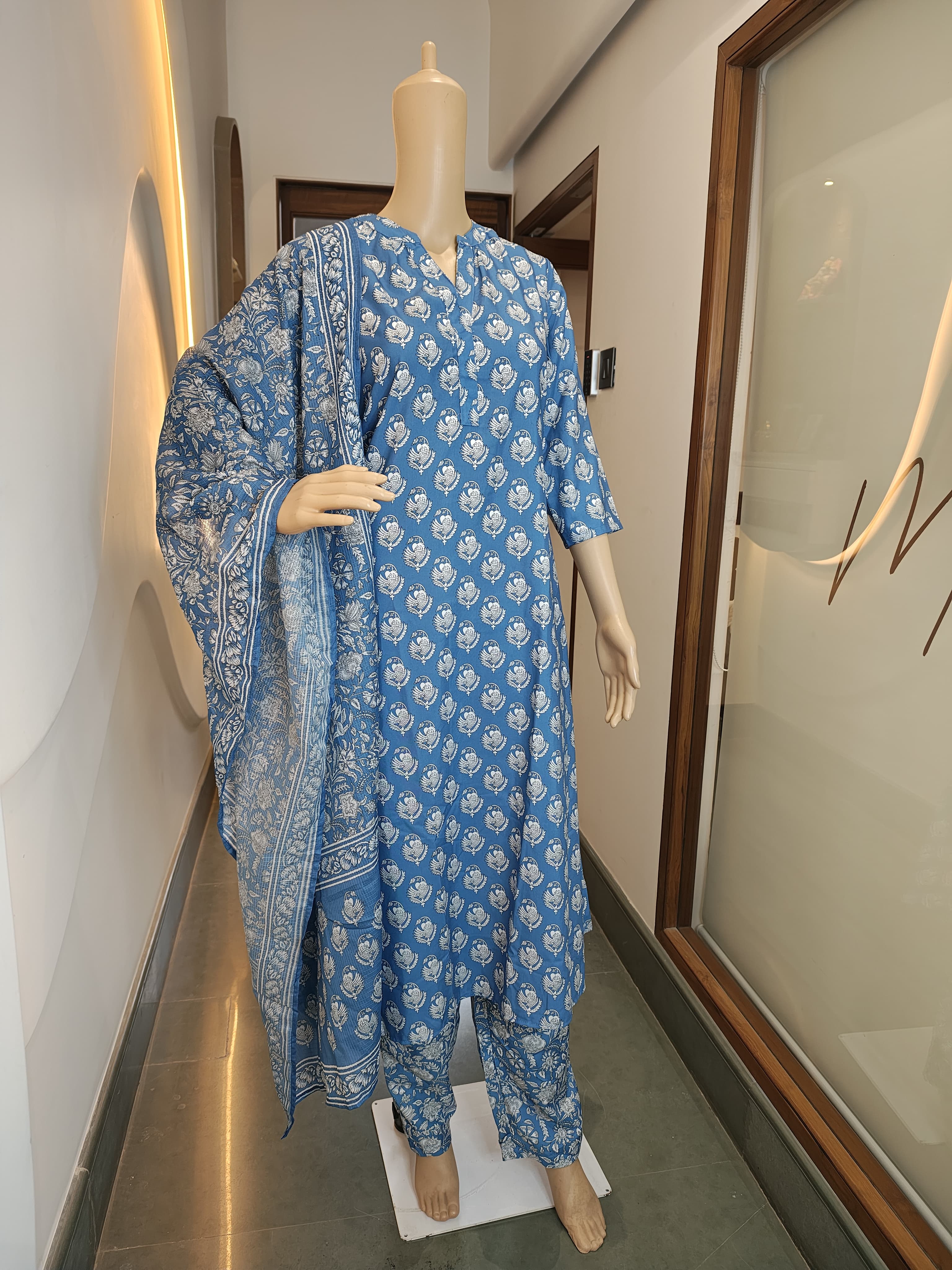 Indigo Blue Cotton Kurta Set with Floral Handblock Print (3-Piece)