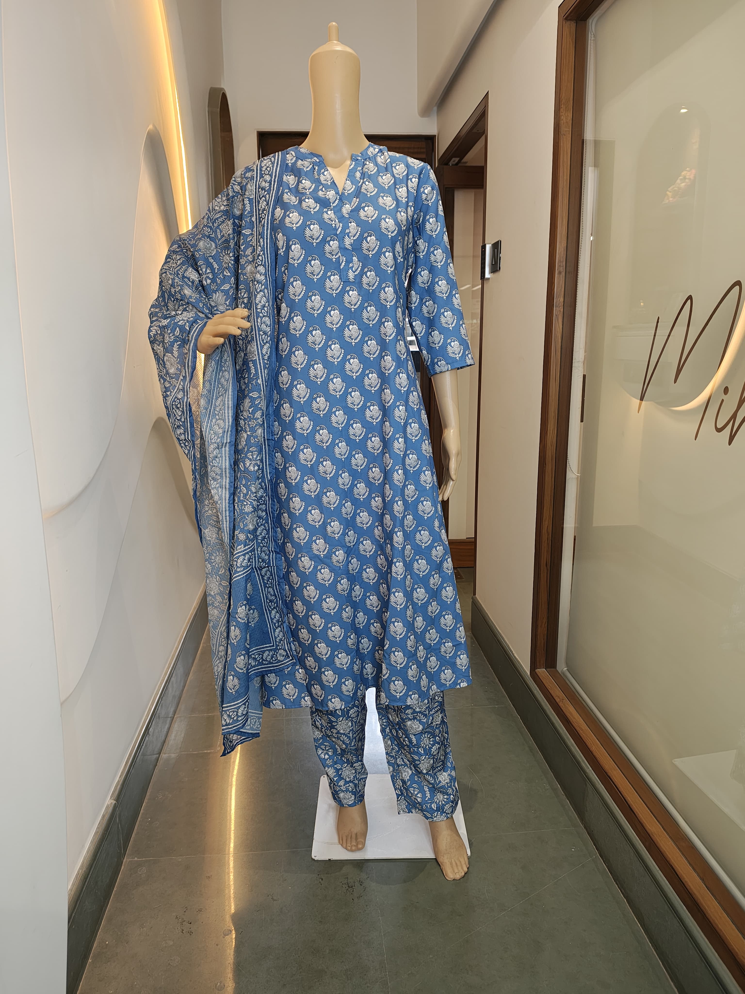 Indigo Blue Cotton Kurta Set with Floral Handblock Print (3-Piece)