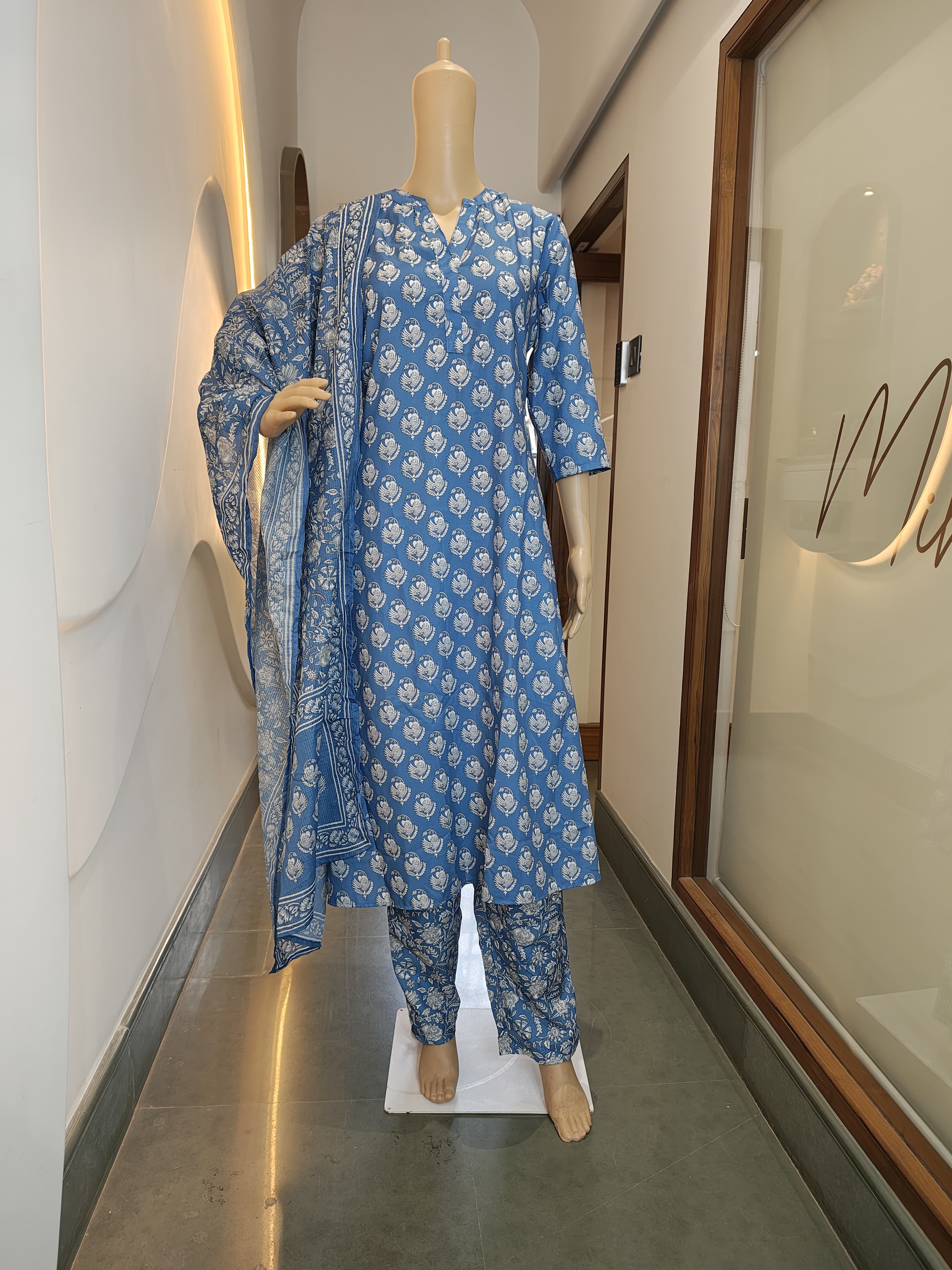 Indigo Blue Cotton Kurta Set with Floral Handblock Print (3-Piece)