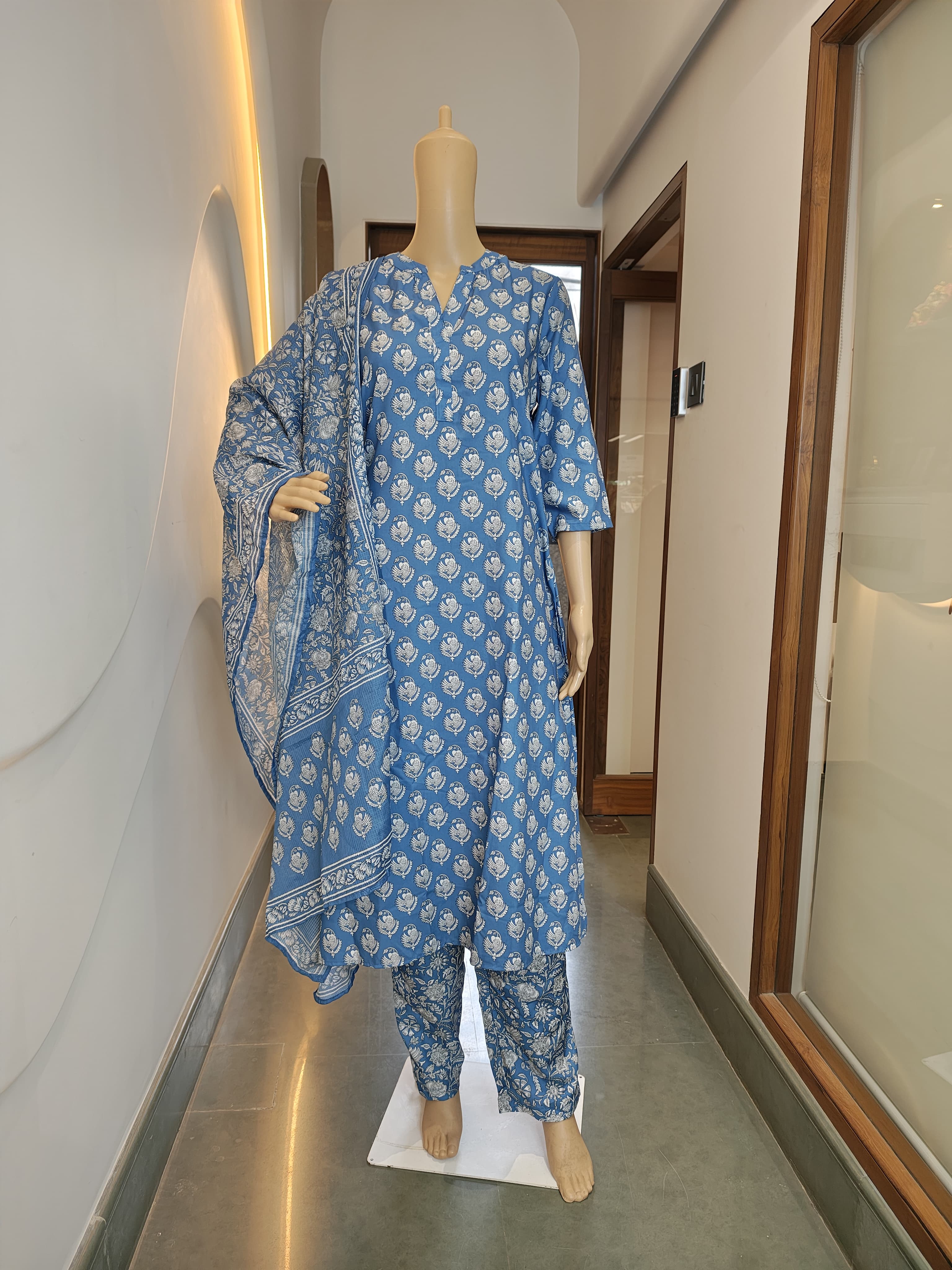Indigo Blue Cotton Kurta Set with Floral Handblock Print (3-Piece)