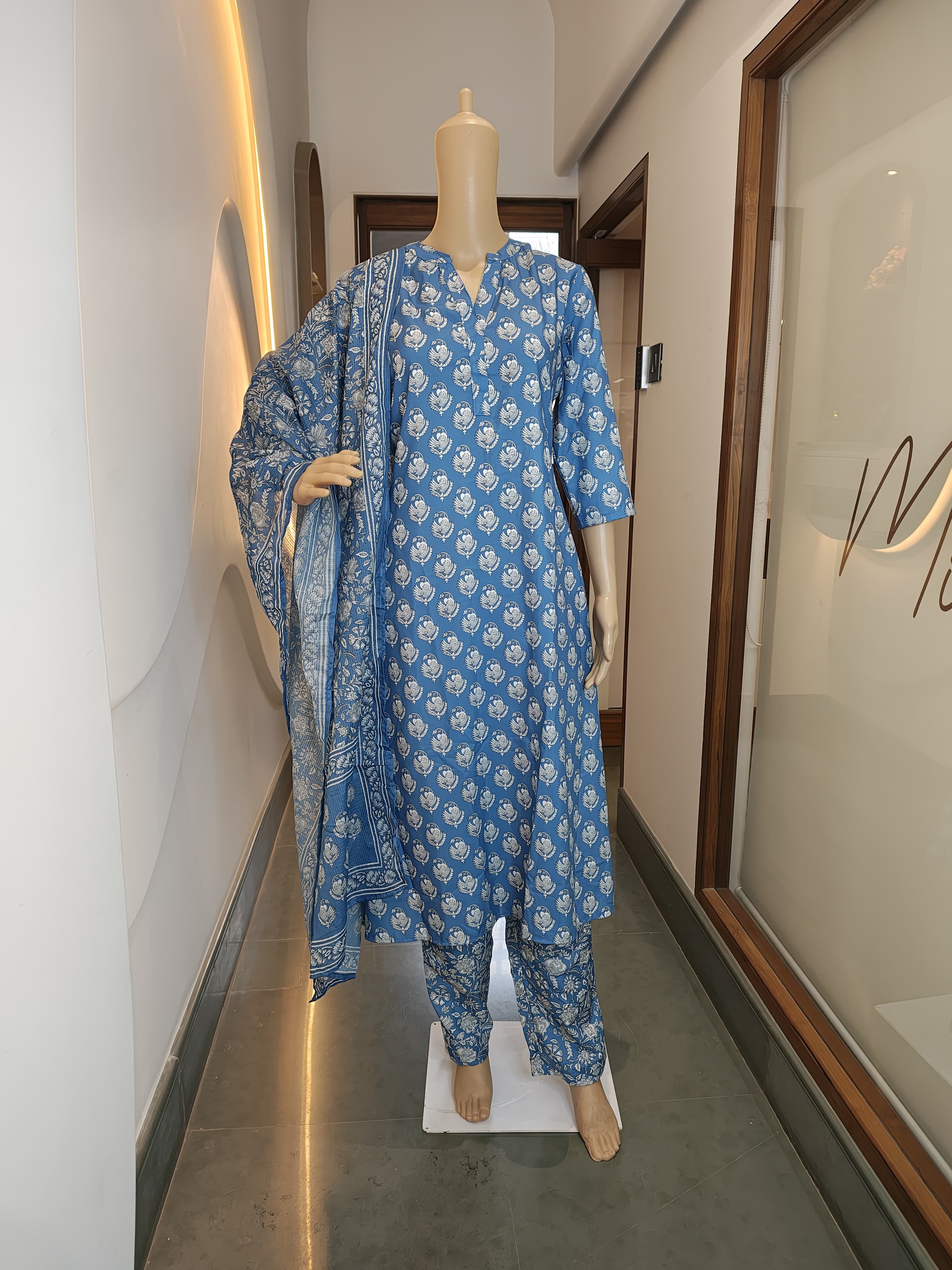 Indigo Blue Cotton Kurta Set with Floral Handblock Print (3-Piece)