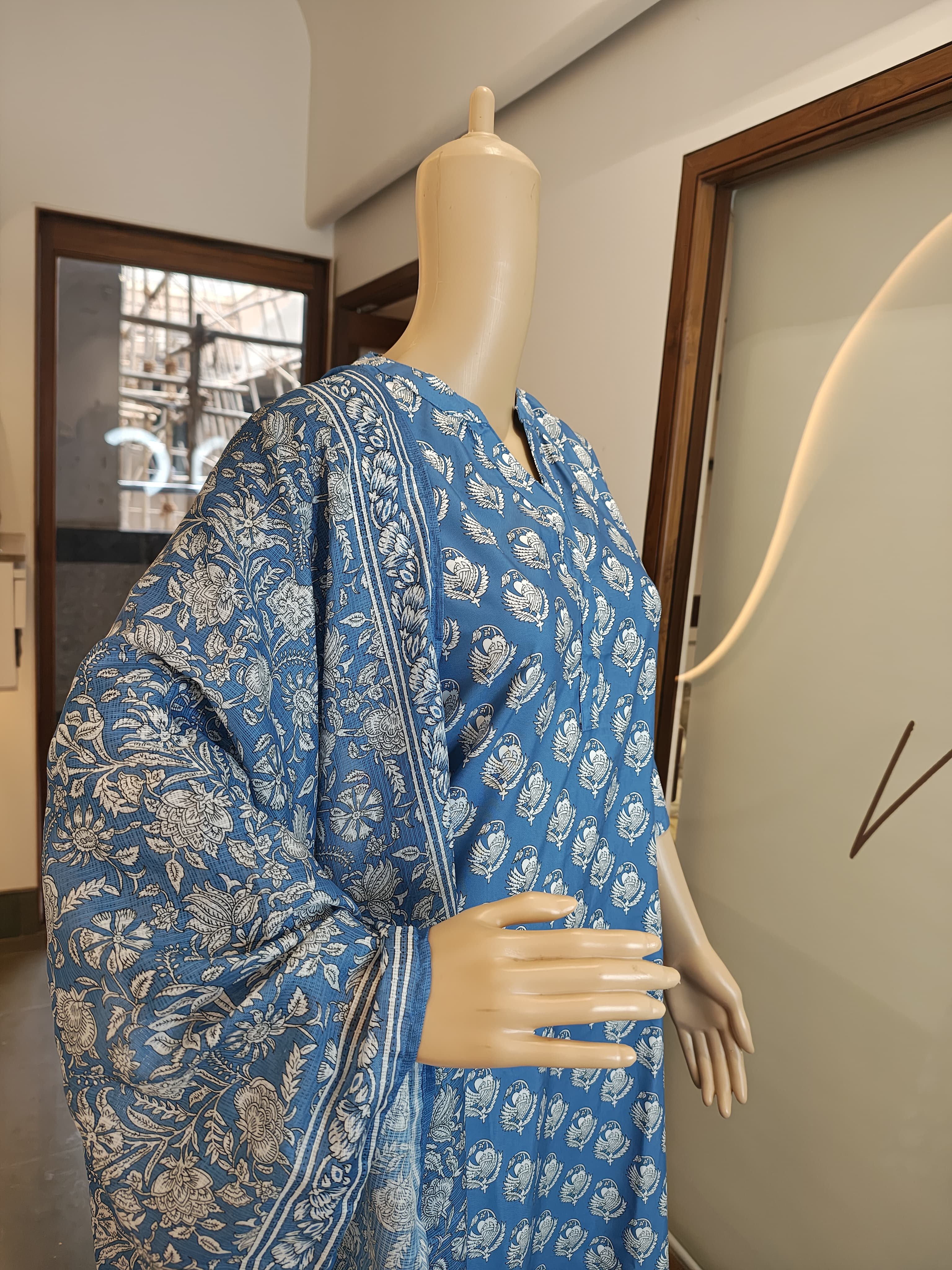 Indigo Blue Cotton Kurta Set with Floral Handblock Print (3-Piece)