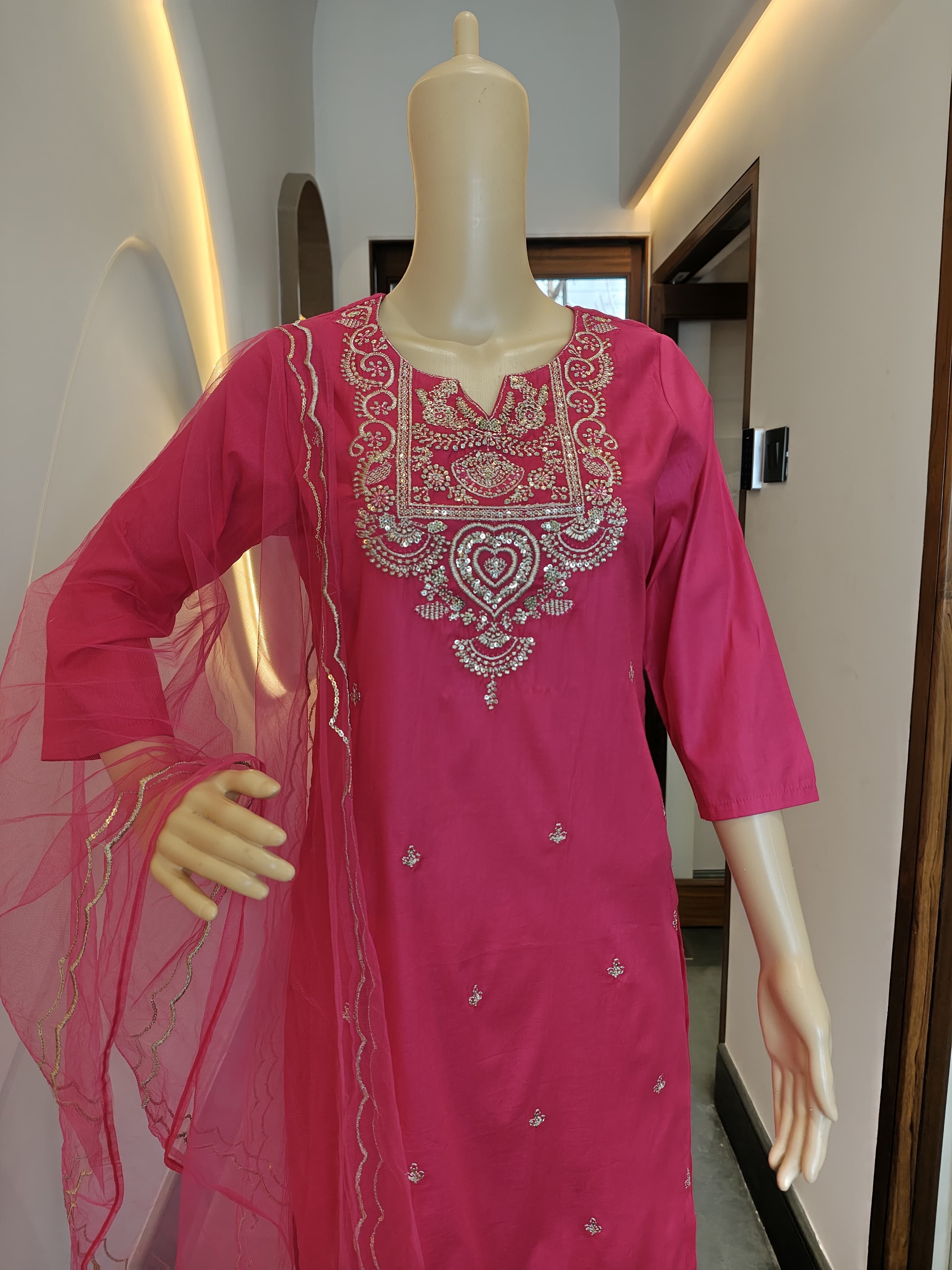 Magenta Mirror Work Suit Set with Net Dupatta (3-Piece Festive Edit)