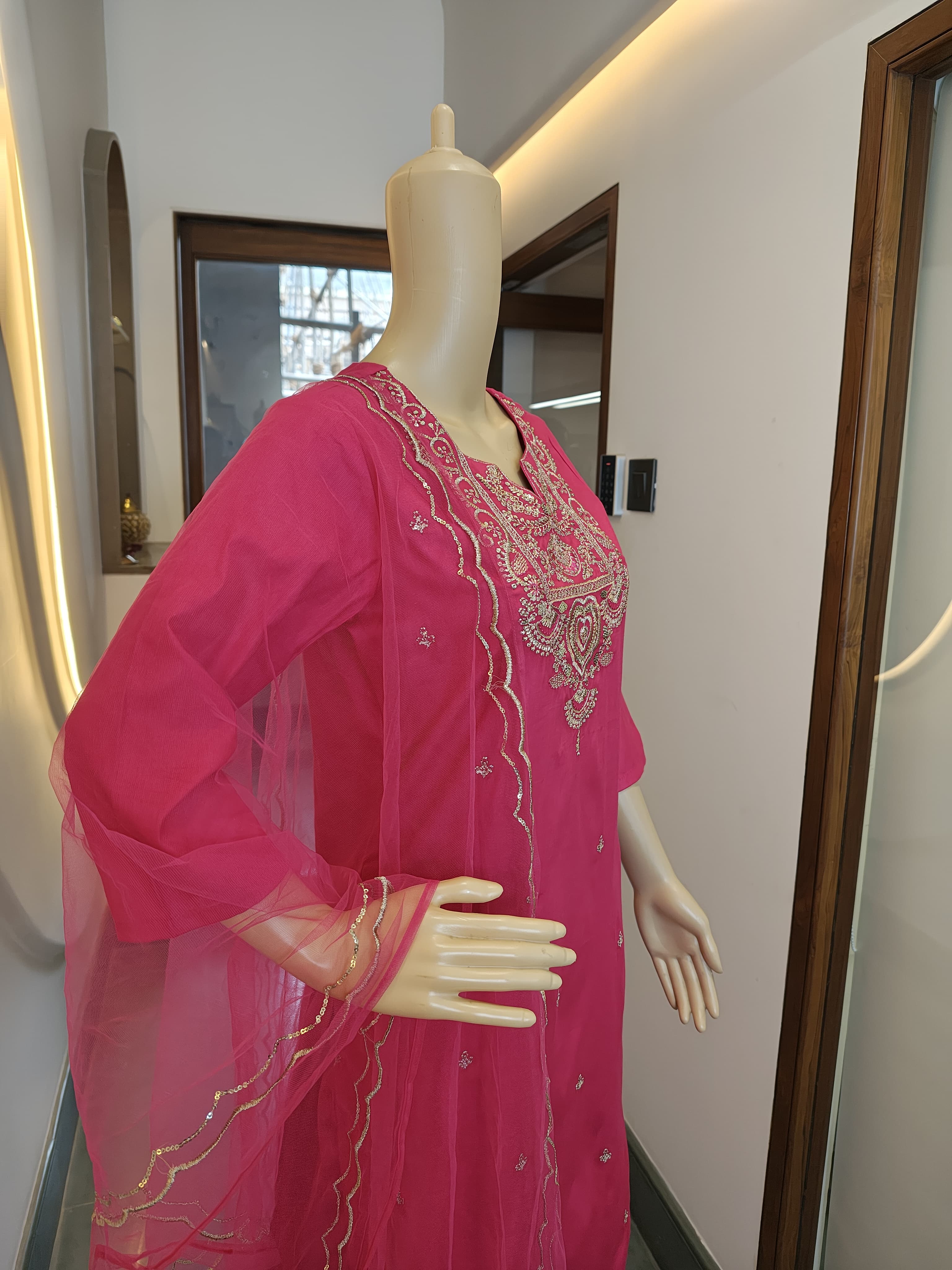 Magenta Mirror Work Suit Set with Net Dupatta (3-Piece Festive Edit)