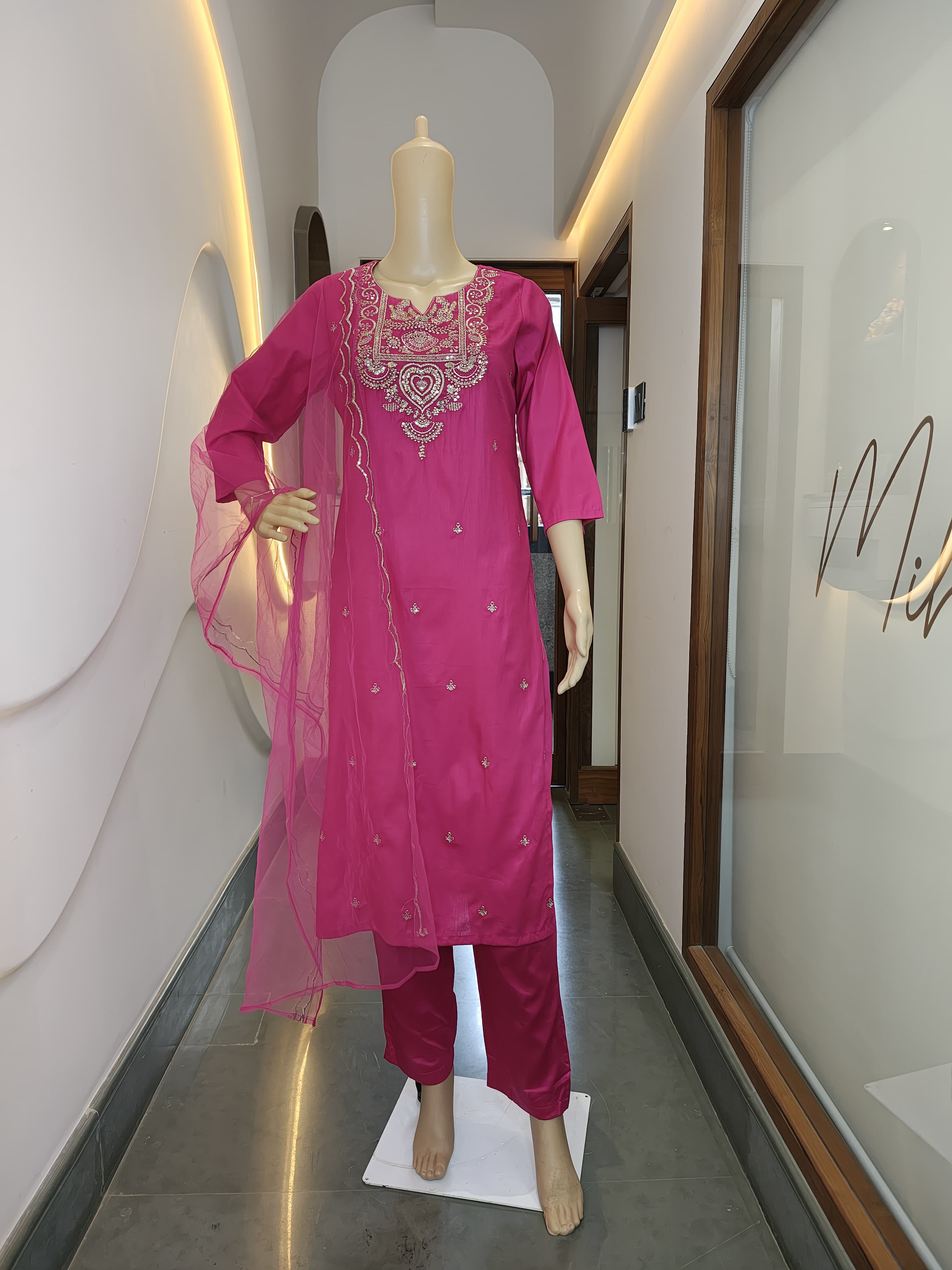 Magenta Mirror Work Suit Set with Net Dupatta (3-Piece Festive Edit)