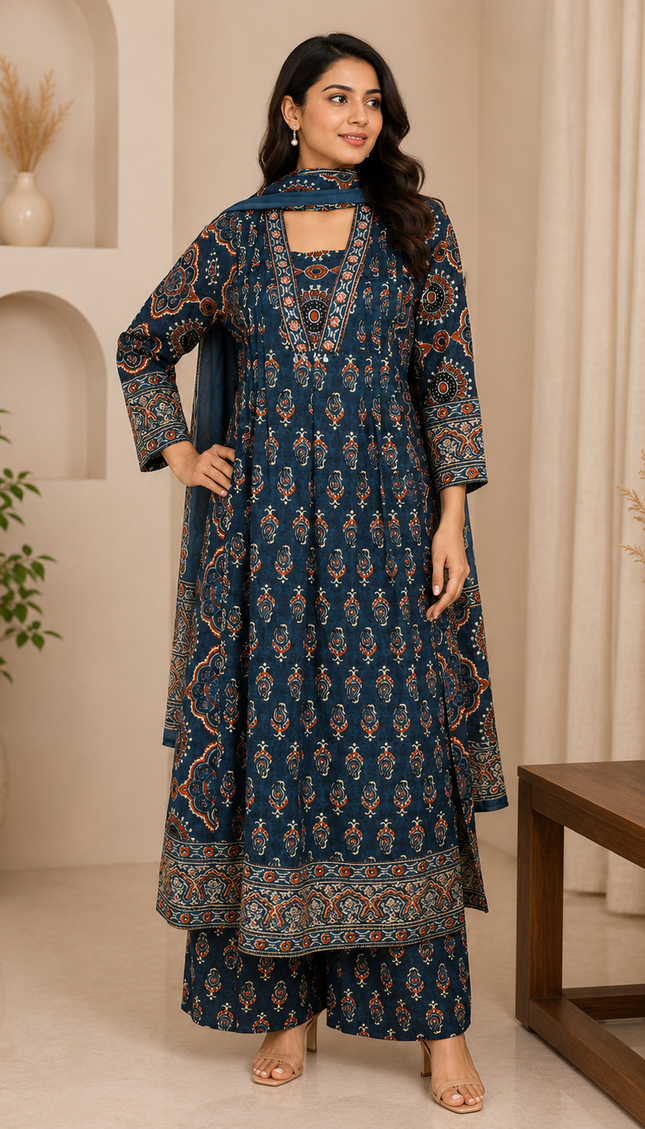 Navy Blue Block Print A line Punjabi Suit For Women