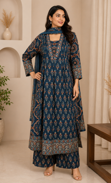 Navy Blue Block Print A line Punjabi Suit For Women