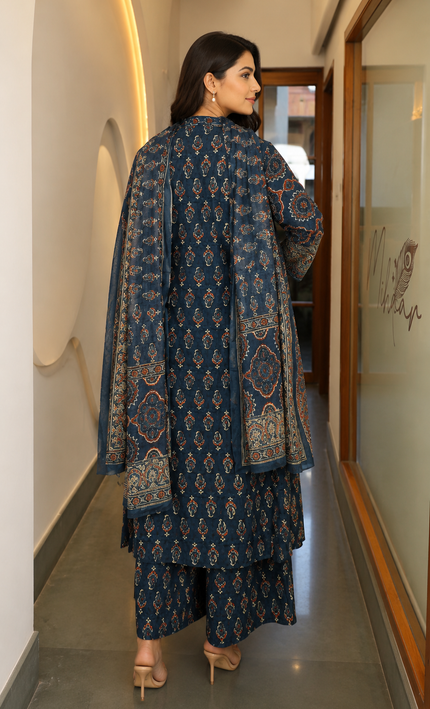 Navy Blue Block Print A line Punjabi Suit For Women