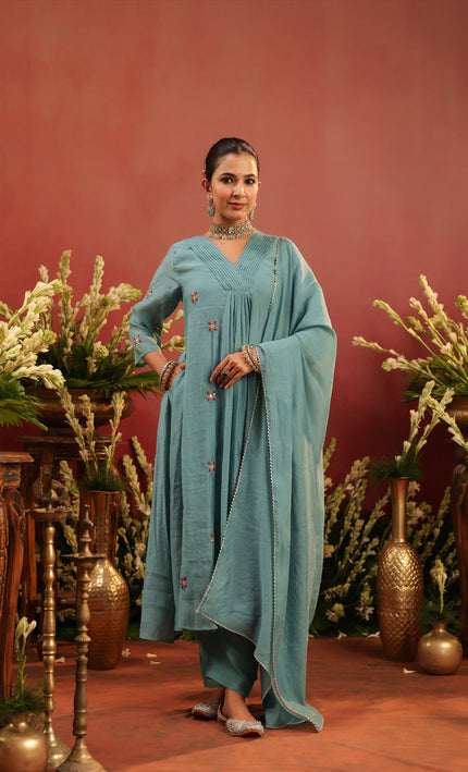 Teal Starbloom A-line Embroidered Butti 3 Piece Punjabi Suit For Women