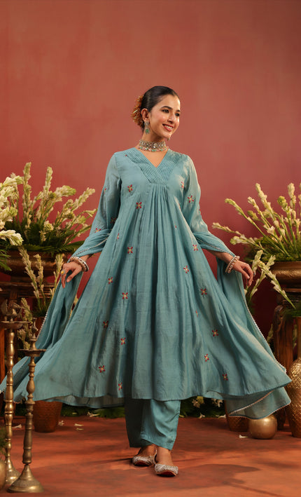 Teal Starbloom A-line Embroidered Butti 3 Piece Punjabi Suit For Women