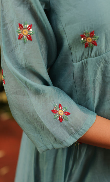 Teal Starbloom A-line Embroidered Butti 3 Piece Punjabi Suit For Women