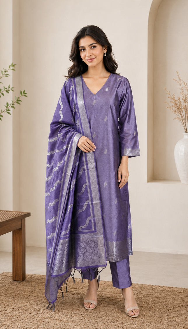 Elegant Purple Woven  Banarasi Silk Punjabi Suit For Women