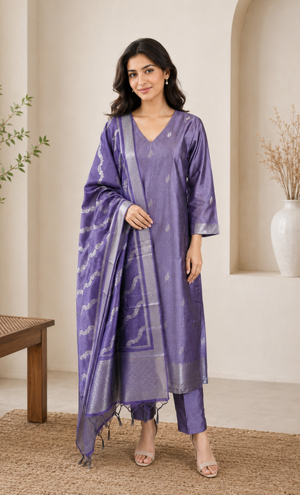 Elegant Purple Woven  Banarasi Silk Punjabi Suit For Women