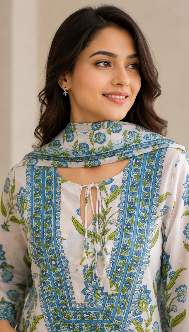 White and Blue Jaipuri Printed Farsi Punjabi Suit