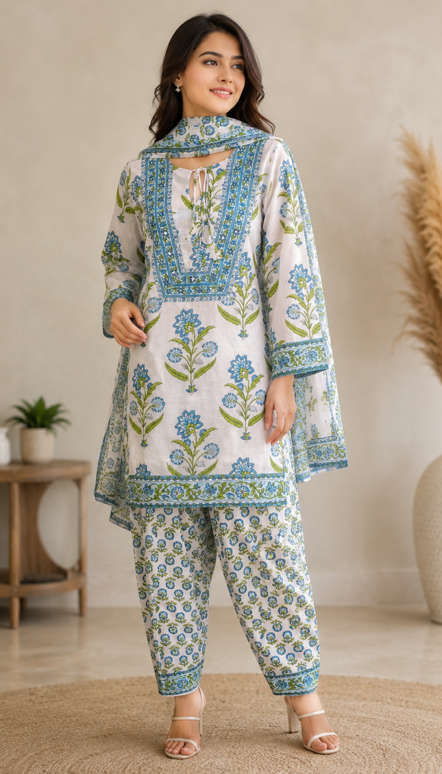 White and Blue Jaipuri Printed Farsi Punjabi Suit