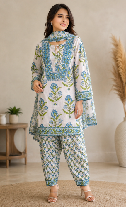 White and Blue Jaipuri Printed Farsi Punjabi Suit