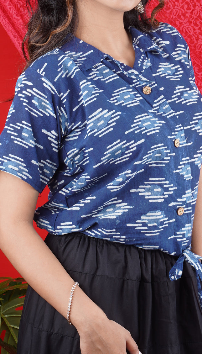 Handcrafted Indigo Ikat Cotton Shirt with Tie-Up Front