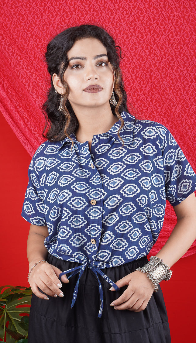 Indigo Blue Ikat Printed Cotton Shirt with Front Tie