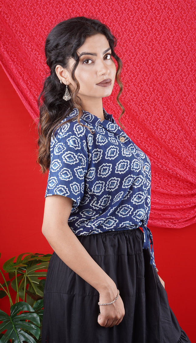 Indigo Blue Ikat Printed Cotton Shirt with Front Tie