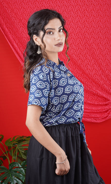 Indigo Blue Ikat Printed Cotton Shirt with Front Tie