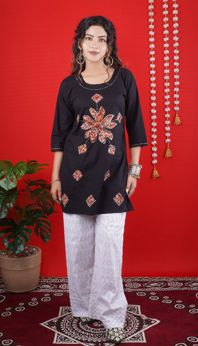 Black Short Kurti with Intricate Embroidered Motifs