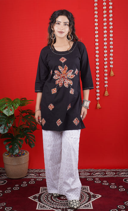 Black Short Kurti with Intricate Embroidered Motifs
