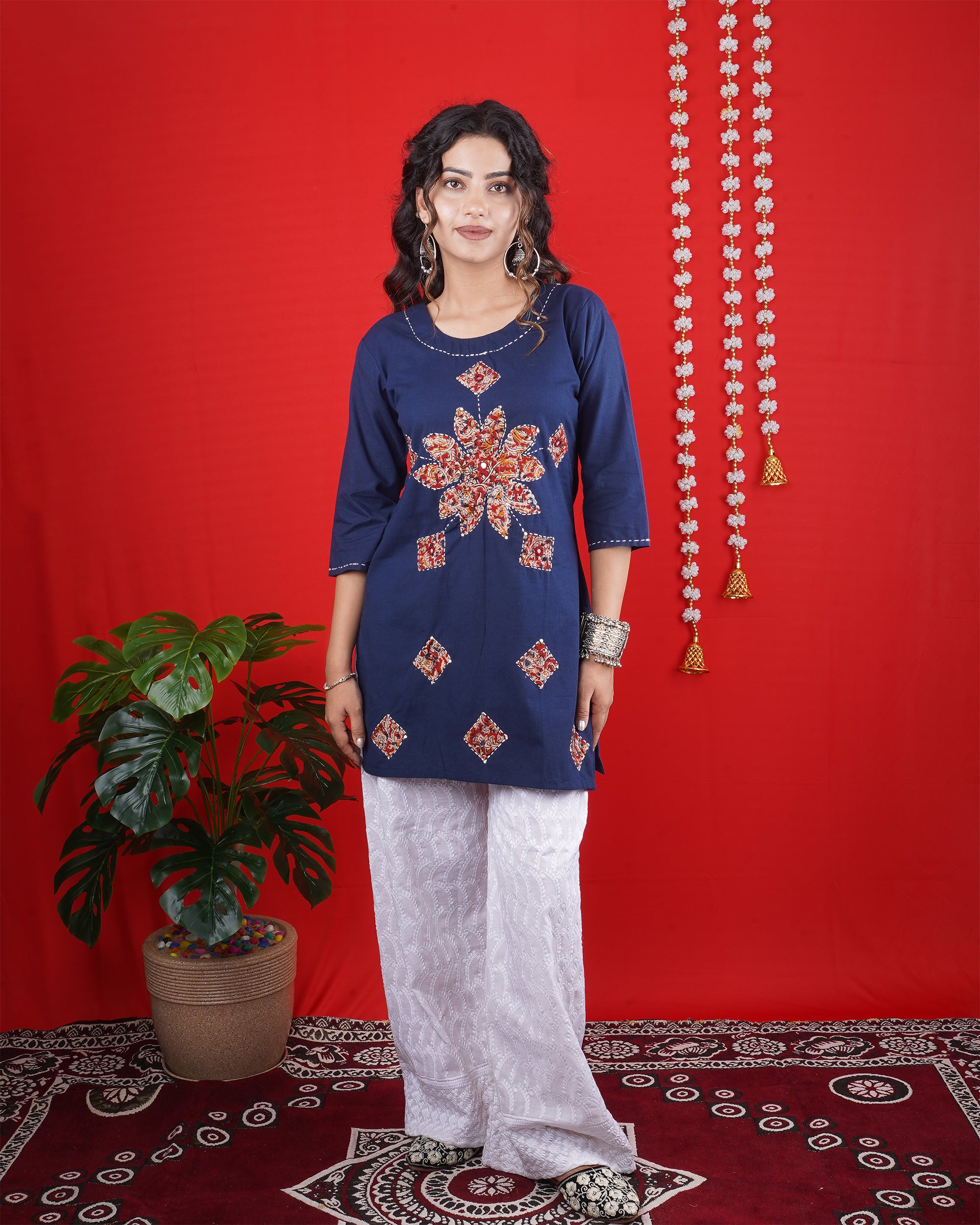Navy Blue Short Kurti with Floral & Geometric Embroidery