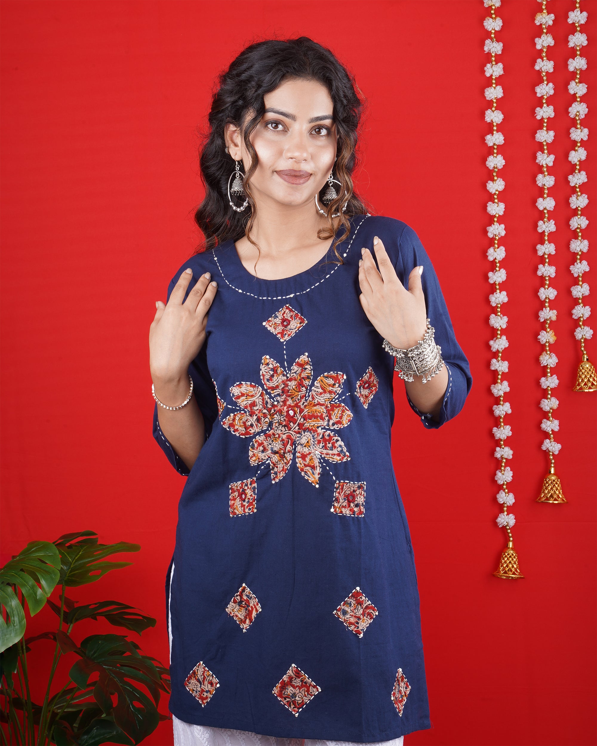 Navy Blue Short Kurti with Floral & Geometric Embroidery