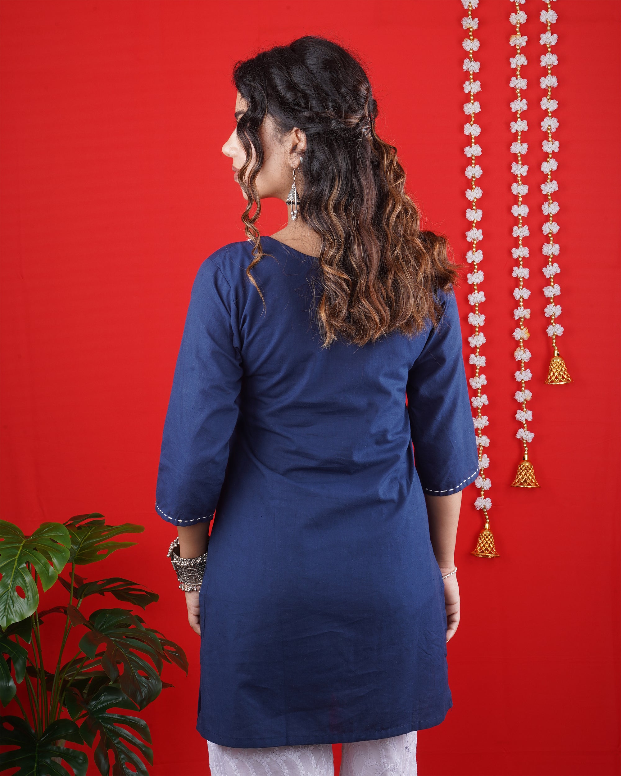 Navy Blue Short Kurti with Floral & Geometric Embroidery