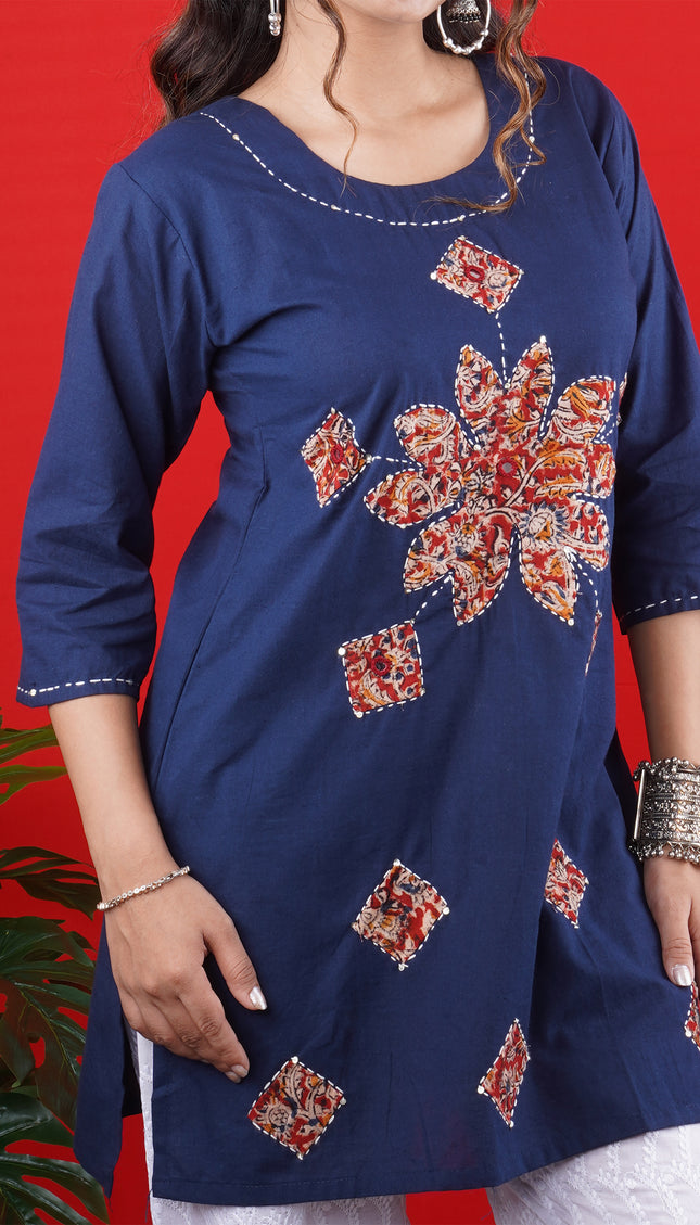 Navy Blue Short Kurti with Floral & Geometric Embroidery