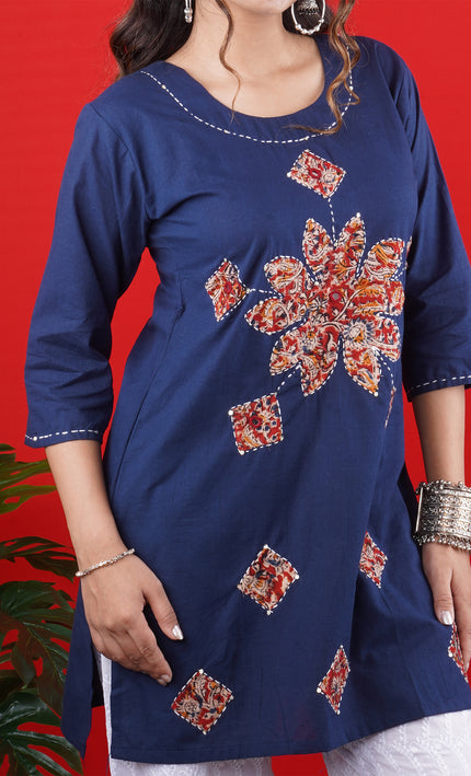 Navy Blue Short Kurti with Floral & Geometric Embroidery