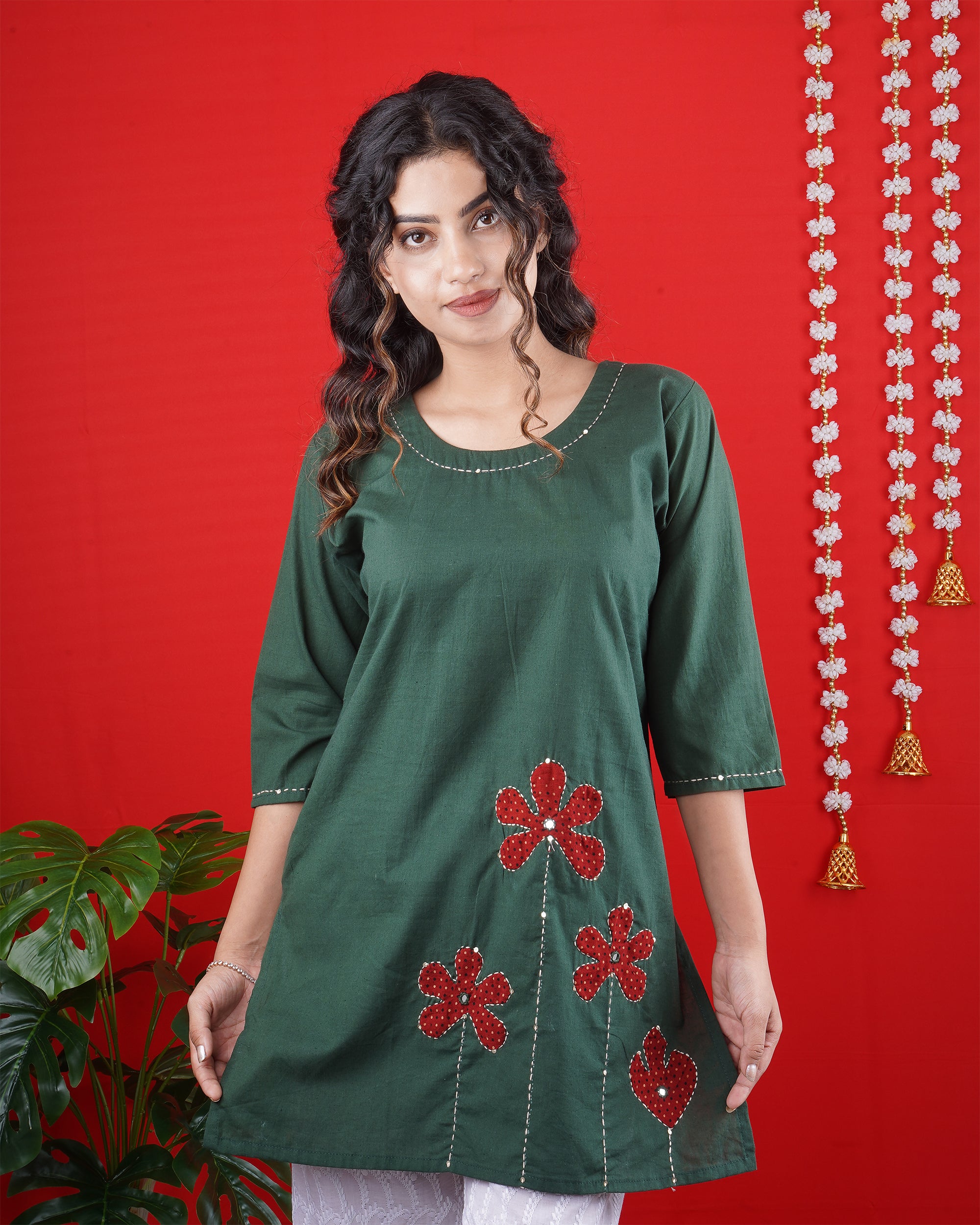 Bottle Green Short Kurti with Red Floral Embroidery