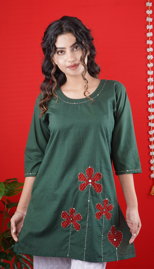 Bottle Green Short Kurti with Red Floral Embroidery
