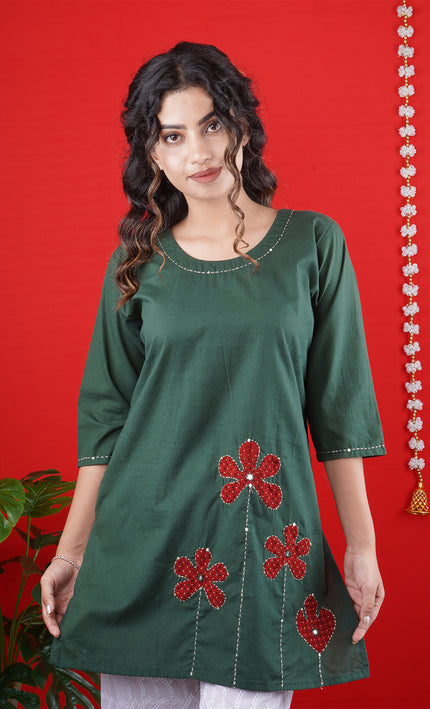 Bottle Green Short Kurti with Red Floral Embroidery