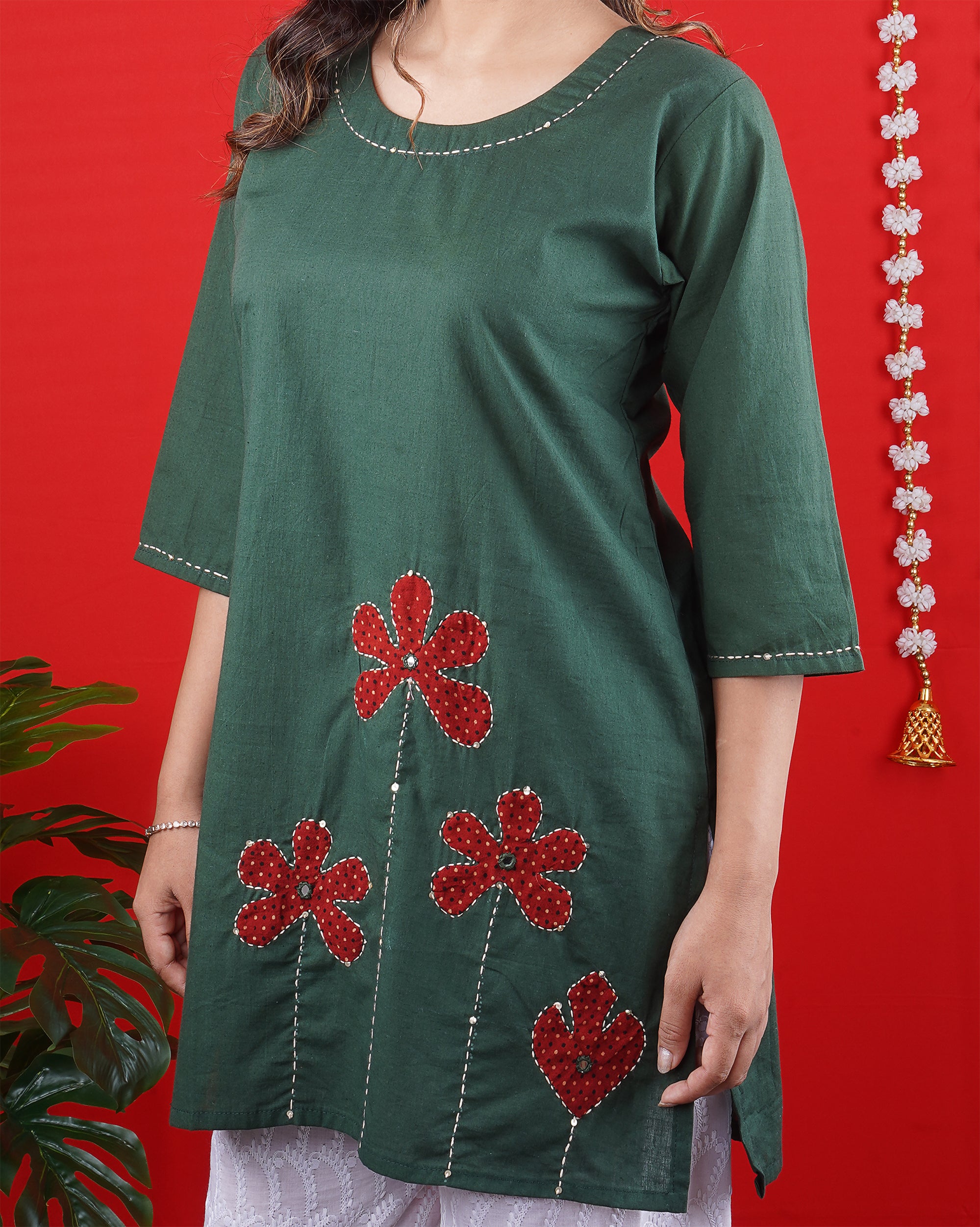 Bottle Green Short Kurti with Red Floral Embroidery