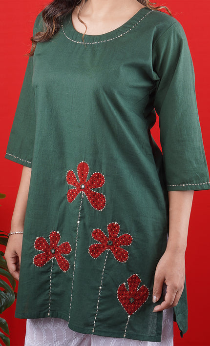 Bottle Green Short Kurti with Red Floral Embroidery
