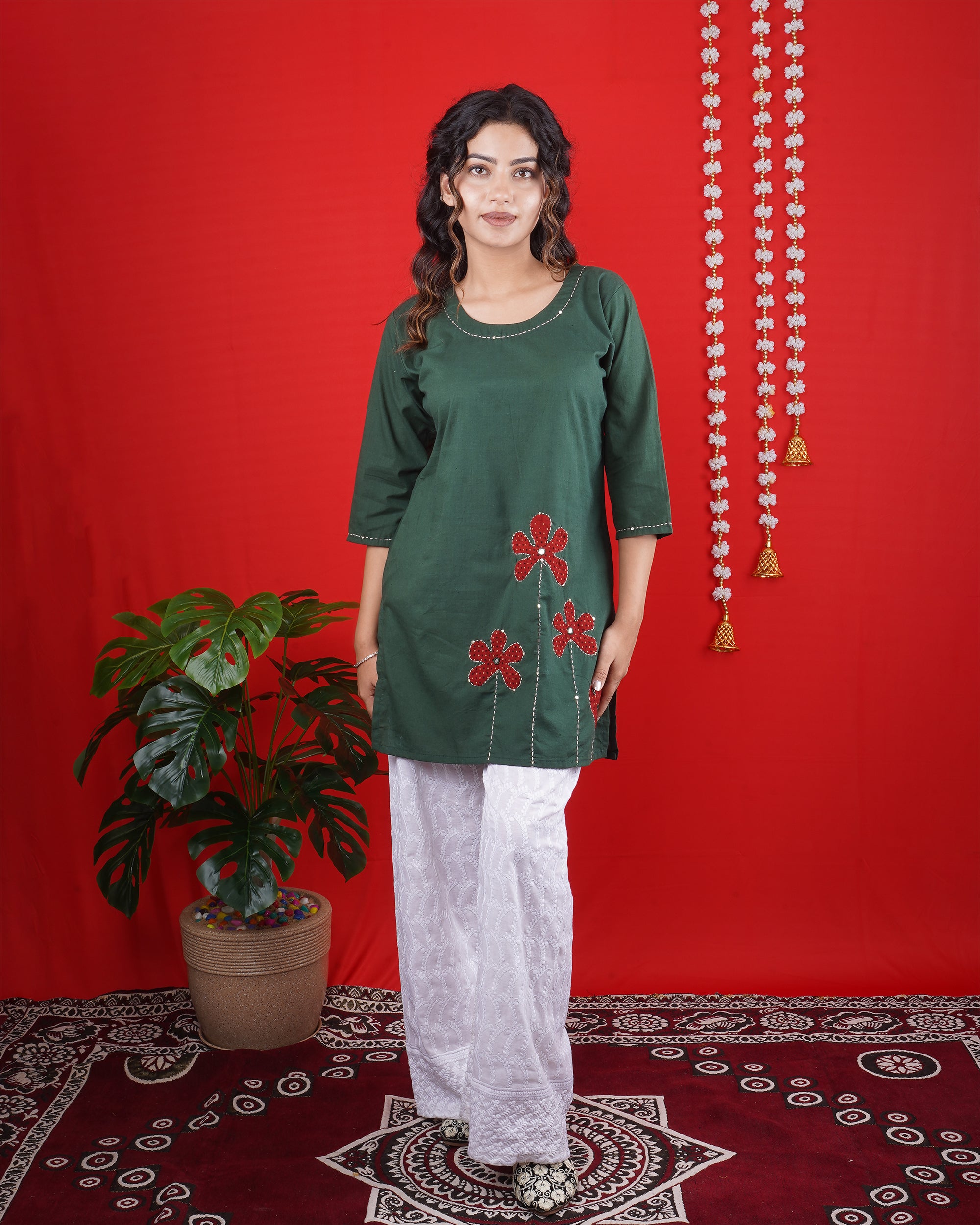 Bottle Green Short Kurti with Red Floral Embroidery