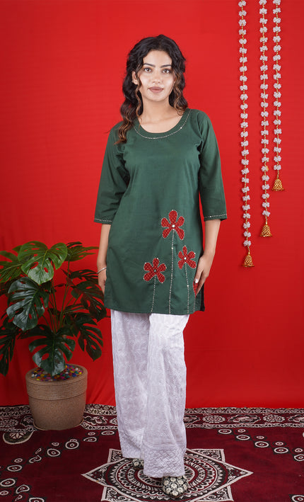 Bottle Green Short Kurti with Red Floral Embroidery