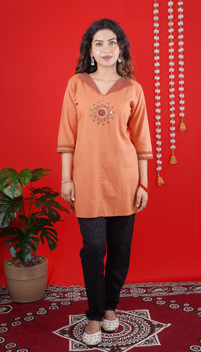 Peach Orange Short Kurti with Embroidered Neckline & Motif