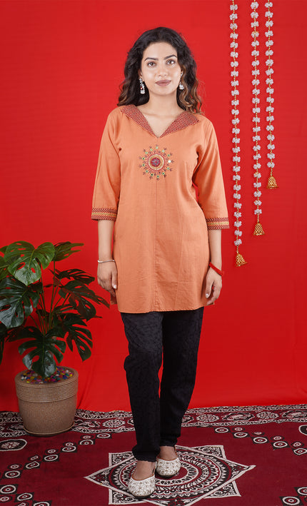 Peach Orange Short Kurti with Embroidered Neckline & Motif