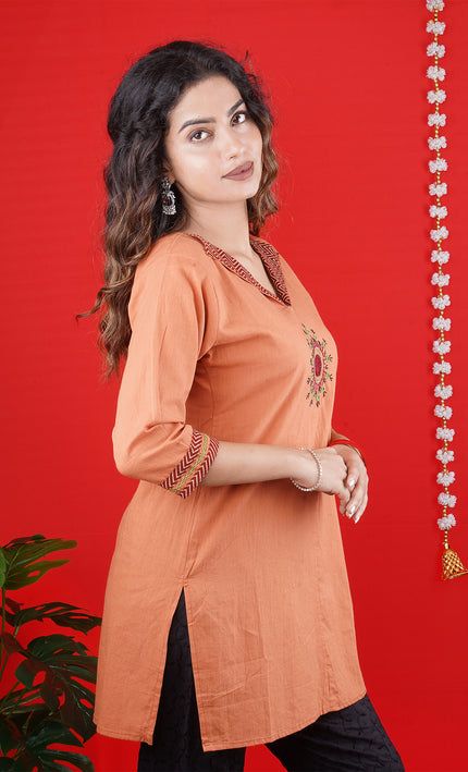 Peach Orange Short Kurti with Embroidered Neckline & Motif