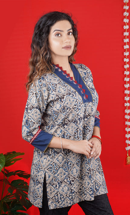 Classic Blue Handcrafted Cotton Short Top