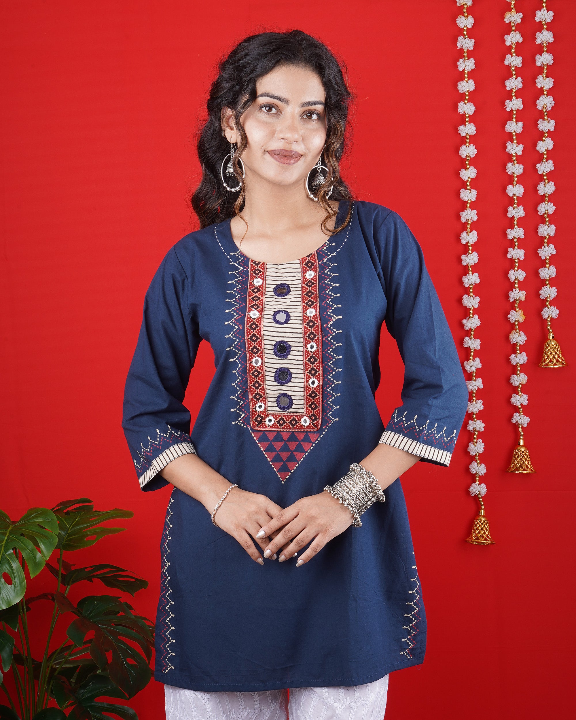 Navy Blue Embroidered Kurti with White Palazzo – Stylish Ethnic Set