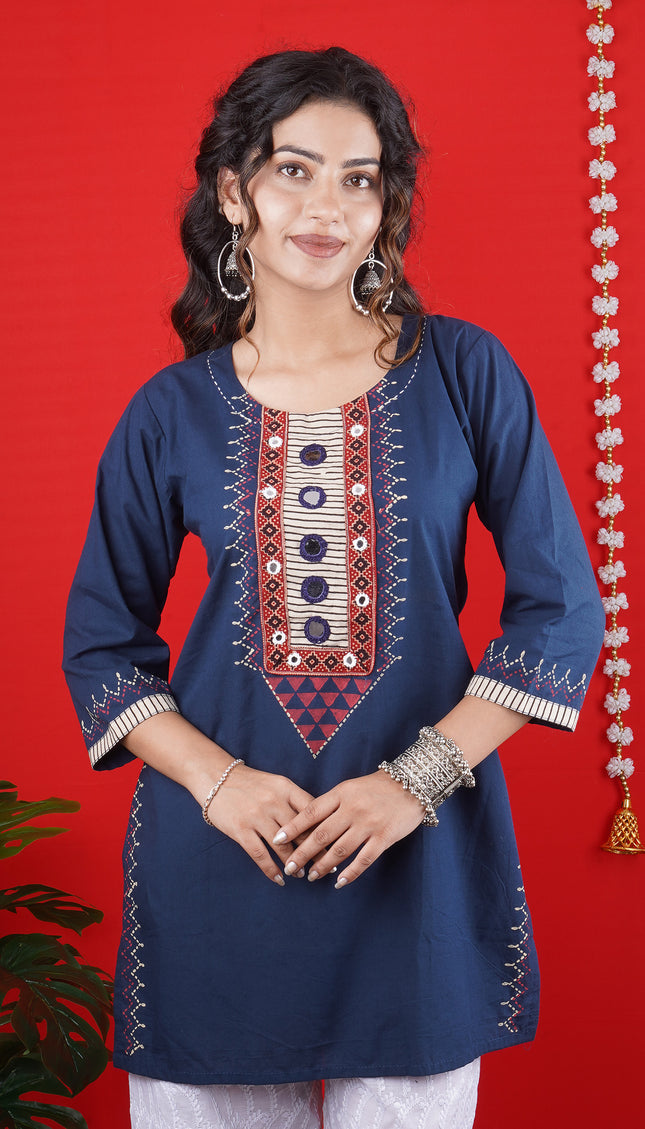 Navy Blue Embroidered Kurti with White Palazzo – Stylish Ethnic Set