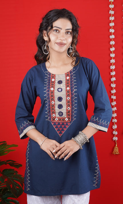 Navy Blue Embroidered Kurti with White Palazzo – Stylish Ethnic Set