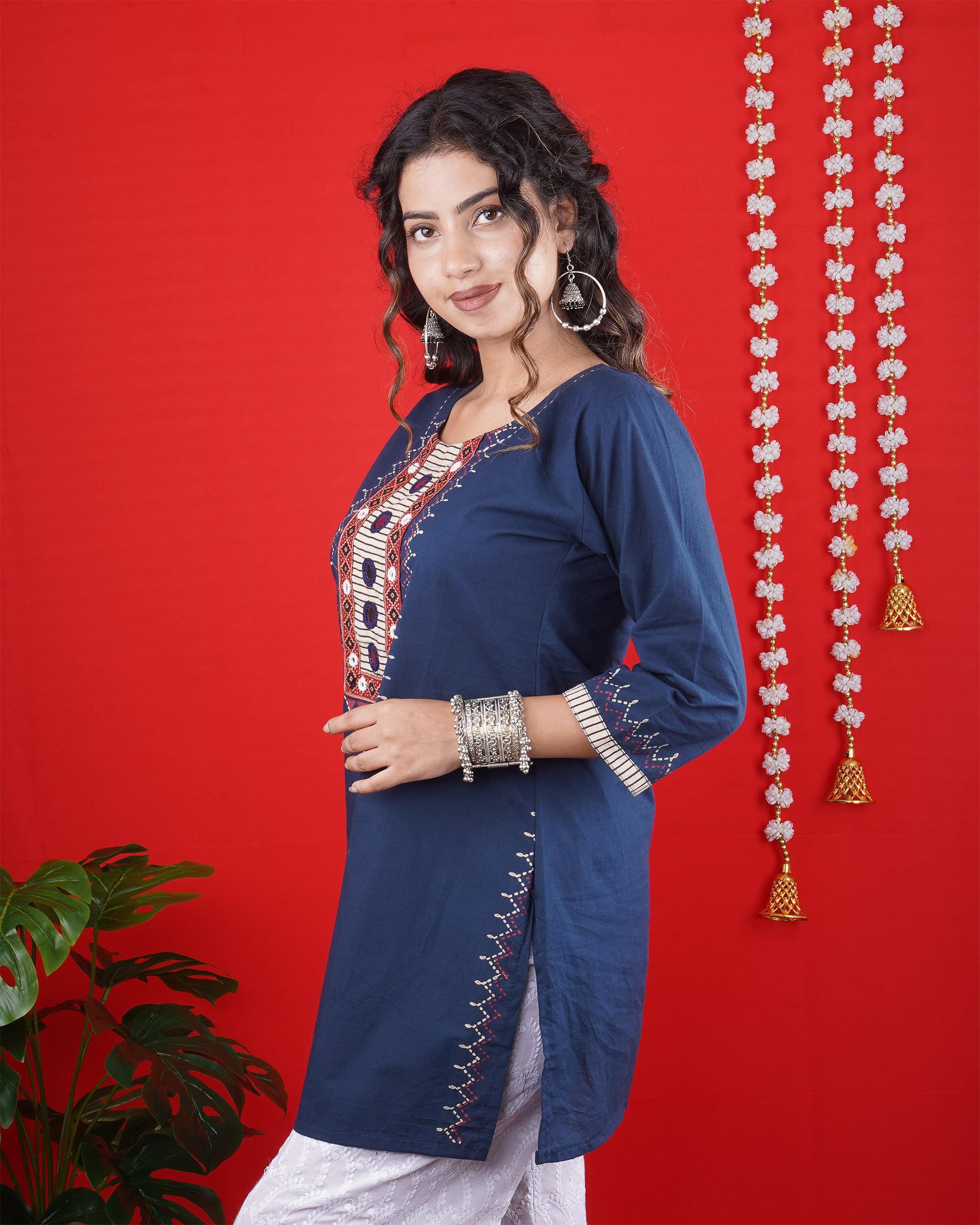 Navy Blue Embroidered Kurti with White Palazzo – Stylish Ethnic Set