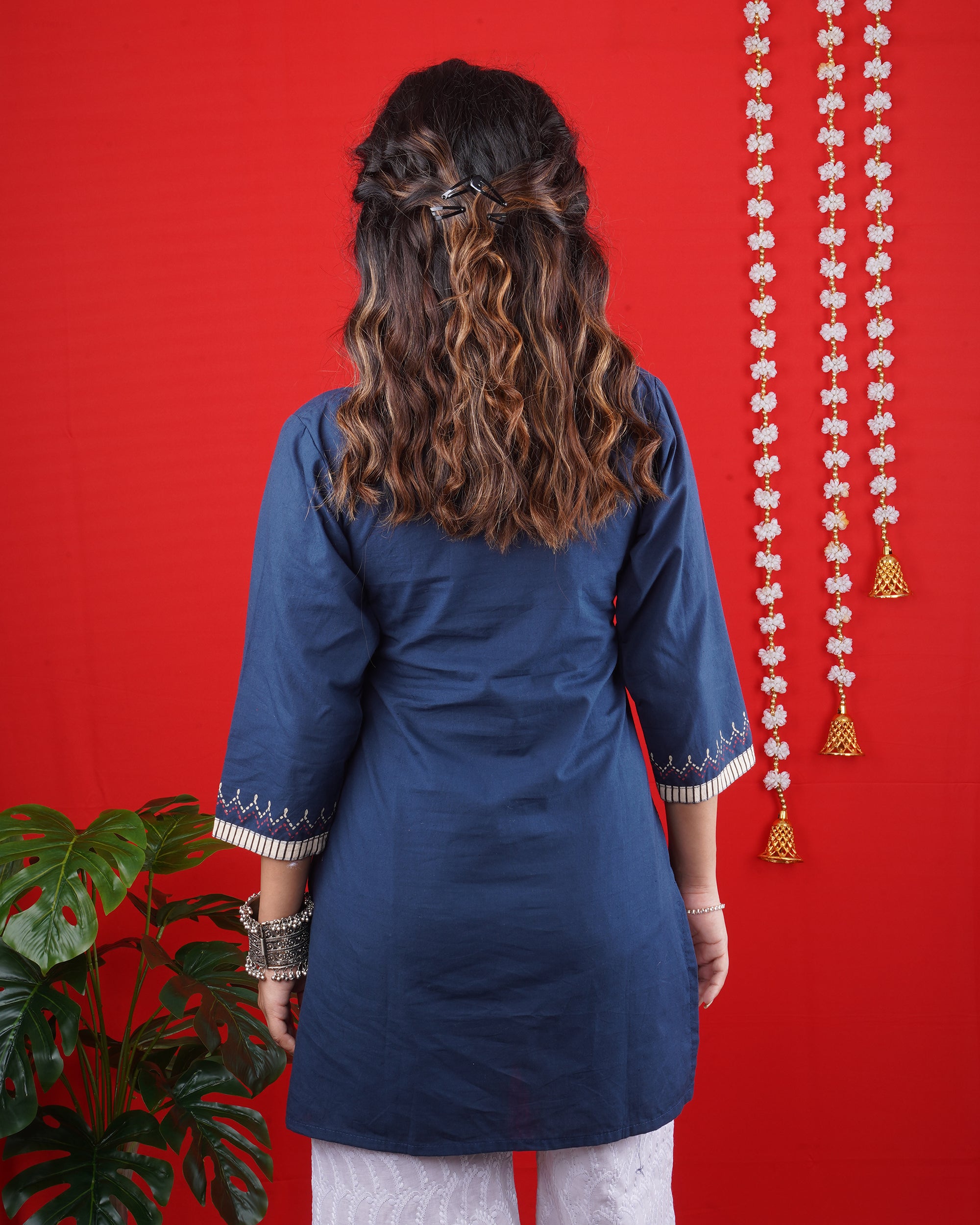Navy Blue Embroidered Kurti with White Palazzo – Stylish Ethnic Set