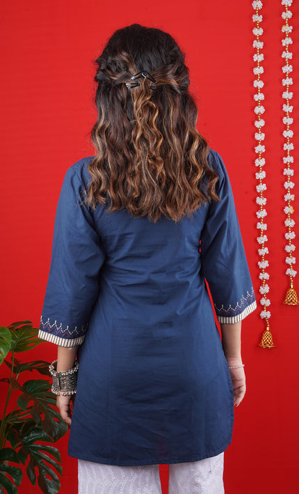 Navy Blue Embroidered Kurti with White Palazzo – Stylish Ethnic Set