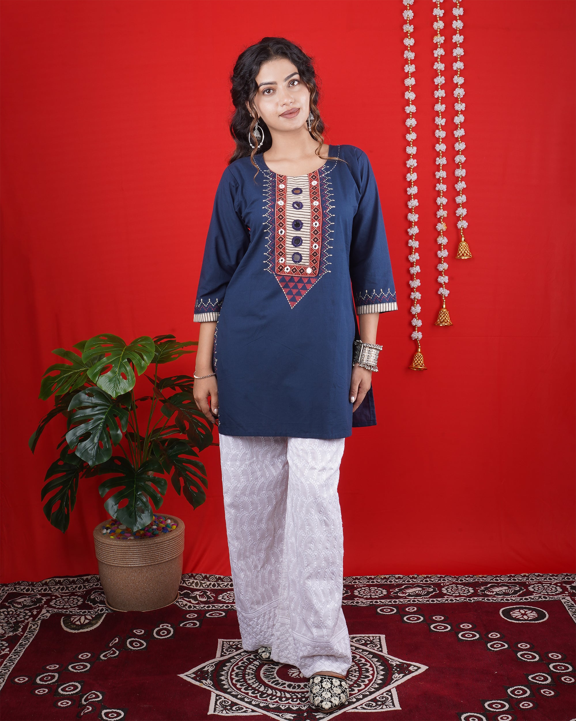 Navy Blue Embroidered Kurti with White Palazzo – Stylish Ethnic Set